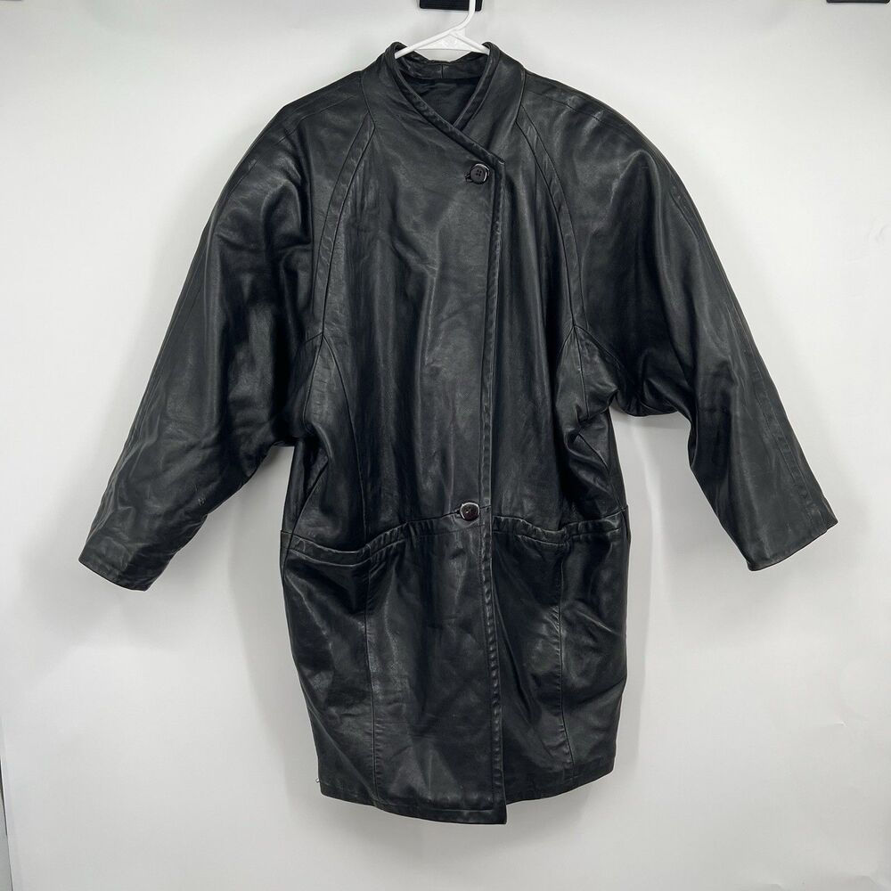 VTG Michael Hoban North Beach Black Leather Trench Coat Jacket 80’s Lagenlook
